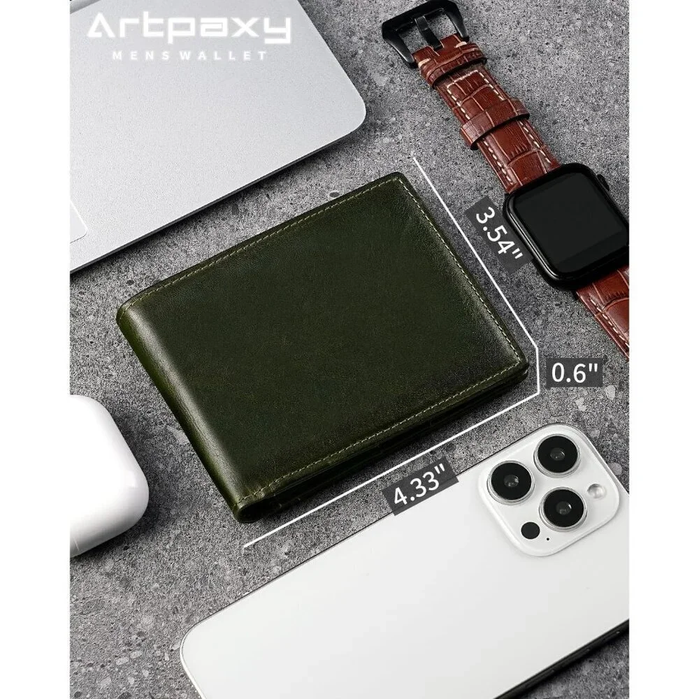 Men's Classic Bifold Wallet Card Green Style Genuine Leather 2 Cash Pockets